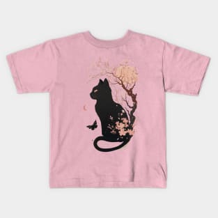 Cute Pink Japanese Cherry Blossom Cat Aesthetic Kids T-Shirt